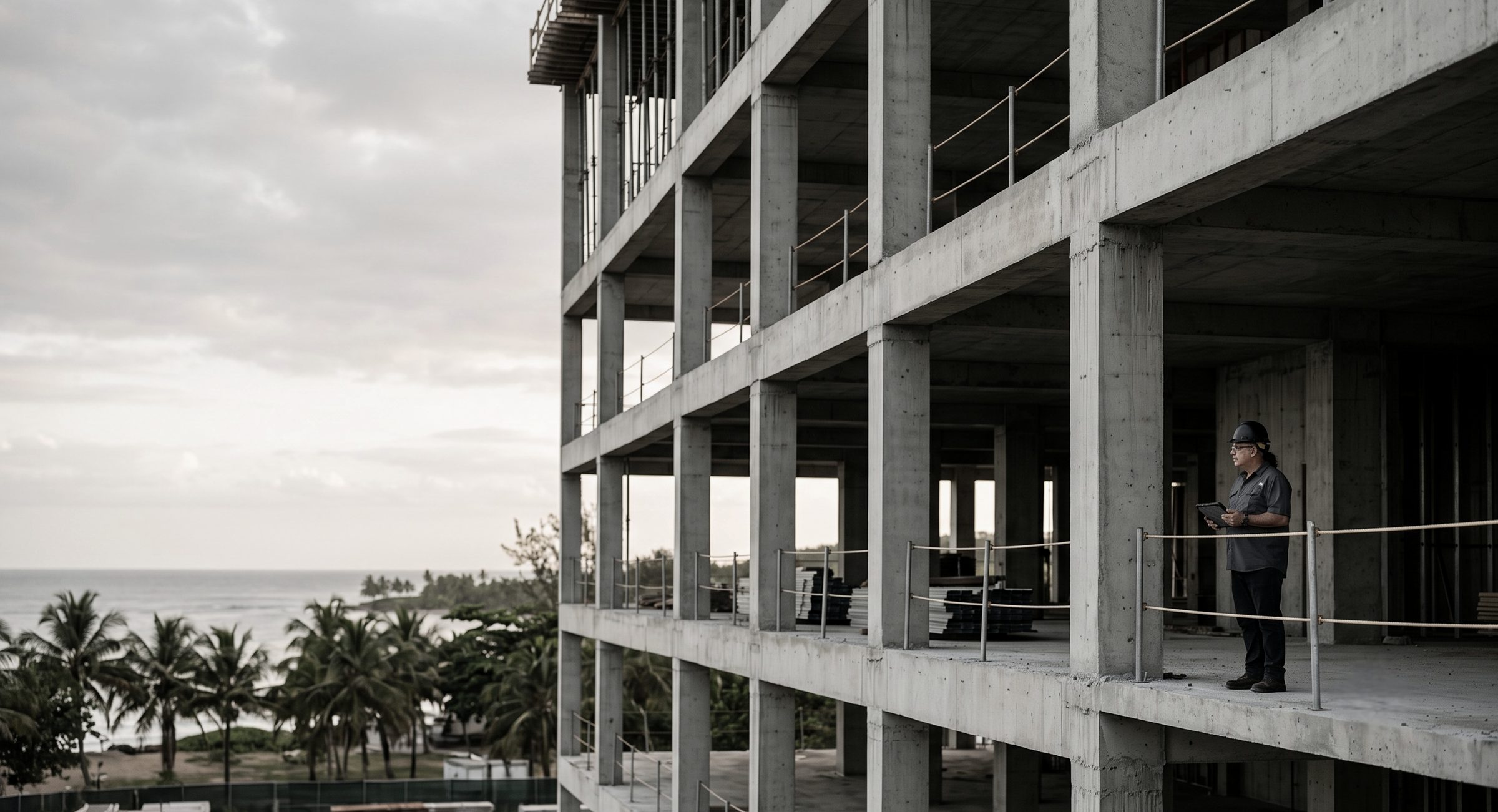 An engineer in a hard hat reviewing a tablet on the open floor of a concrete frame under construction above a palm-lined coast